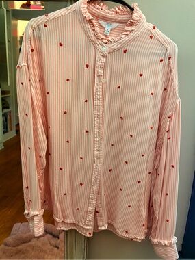 Pink Ruffle Collar Button-Up with Red Heart Dots